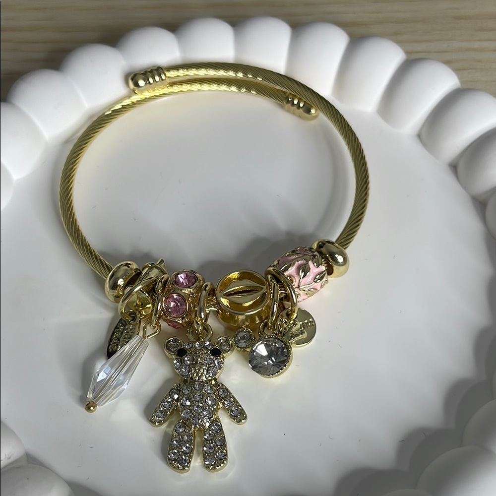 Gold Charm Bracelet with Bear and Crystal Accents